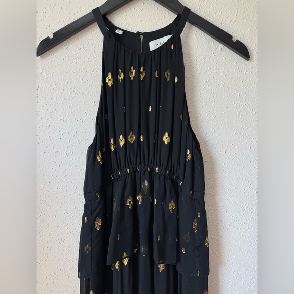 ALC Rosa Silk Black Gold‎ Metallic Halter Midi Length Dress 2 Asymmetric Ruffle - Picture 6 of 11